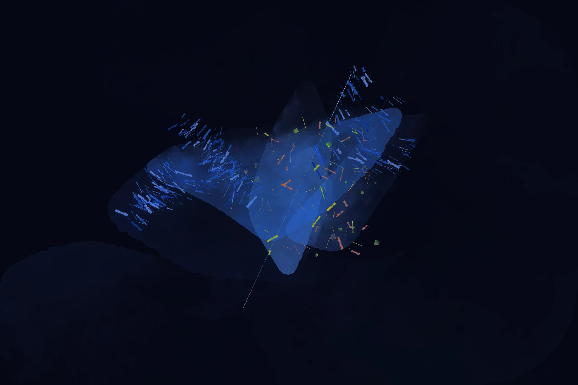 An oblique ultramarine body crossing darkness with acid-yellow and coral signals.