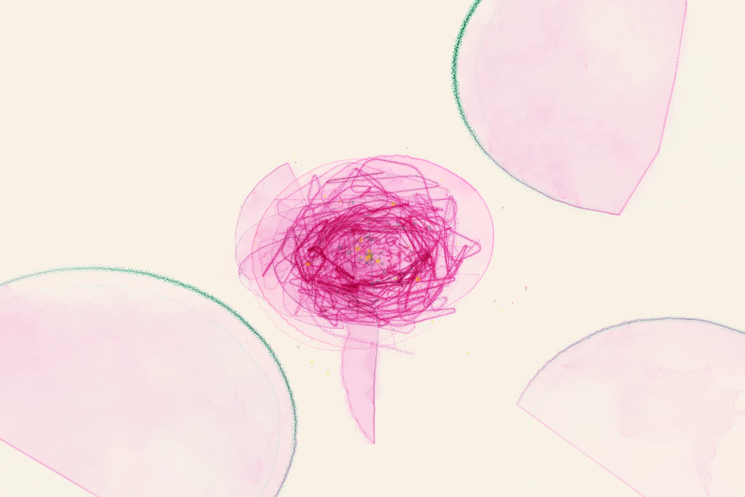 A carmine spiral bloom held between cropped green orbital gestures on warm paper.