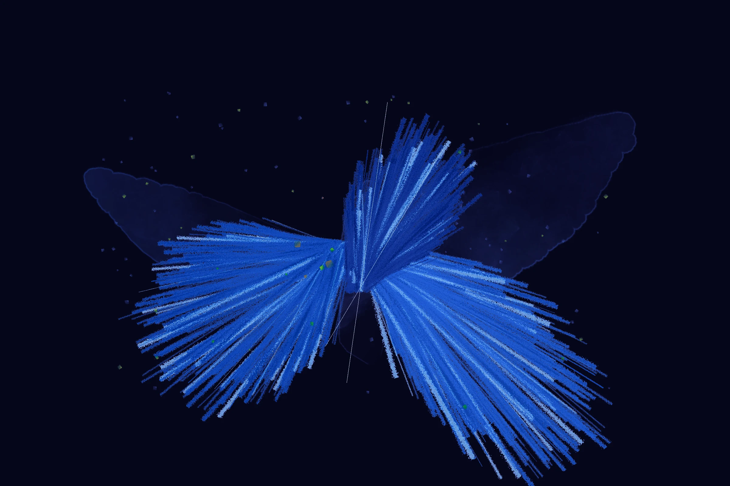 An asymmetric cobalt winged presence opening across a near-black field.