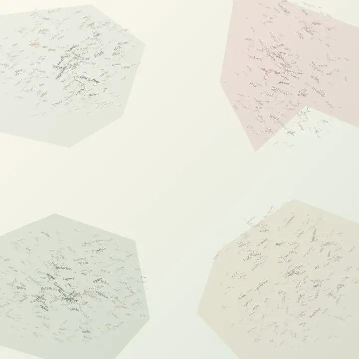 A Chorus Without a Center: cumulative painting state 1 of 3; Four unequal peripheral voice deposits gather around a low-density center; small words cross, occlude, and fade so collective sound is carried by distributed pressure rather than a speaker.