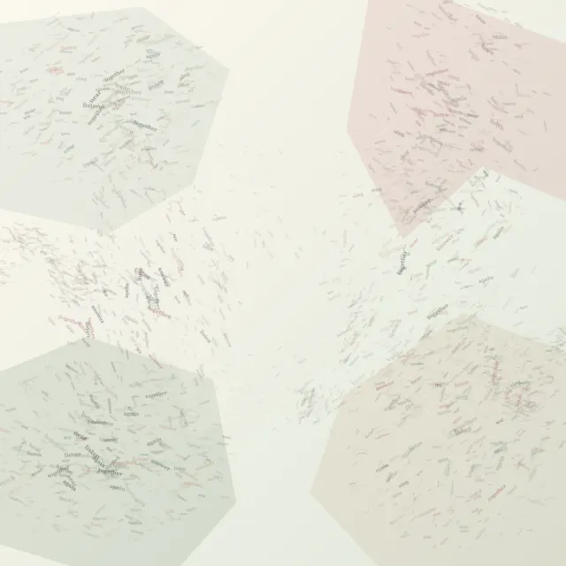 Four unequal peripheral voice deposits gather around a low-density center; small words cross, occlude, and fade so collective sound is carried by distributed pressure rather than a speaker.