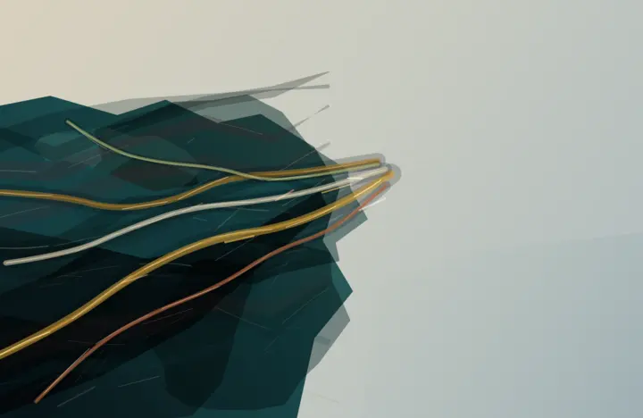 A Grammar That Survived the Knife: cumulative painting state 2 of 4; Contact-sheet force collapses into a cable-routing schematic at 1:1: uniform tubes, arrowheads, and clipped polygons dominate.
