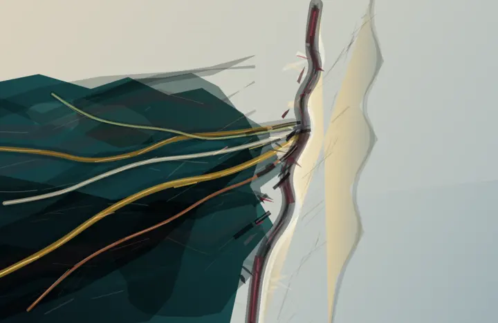 A Grammar That Survived the Knife: cumulative painting state 3 of 4; Contact-sheet force collapses into a cable-routing schematic at 1:1: uniform tubes, arrowheads, and clipped polygons dominate.