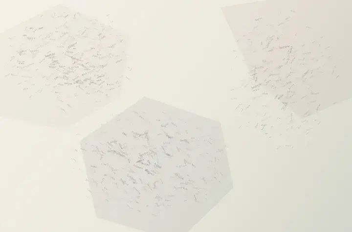 A Language No One Can Own: cumulative painting state 1 of 3; Three unequal lexical fields exchange borrow, share, give, receive, name, and ours around an open none interval; changing access and fractured edges deny a fixed owner.