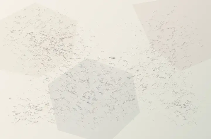 A Language No One Can Own: cumulative painting state 3 of 3; Three unequal lexical fields exchange borrow, share, give, receive, name, and ours around an open none interval; changing access and fractured edges deny a fixed owner.