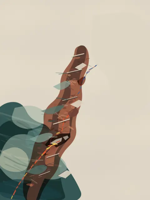 A narrow segmented totem sits as an isolated emblem; internal fragments do not activate enough of the field.
