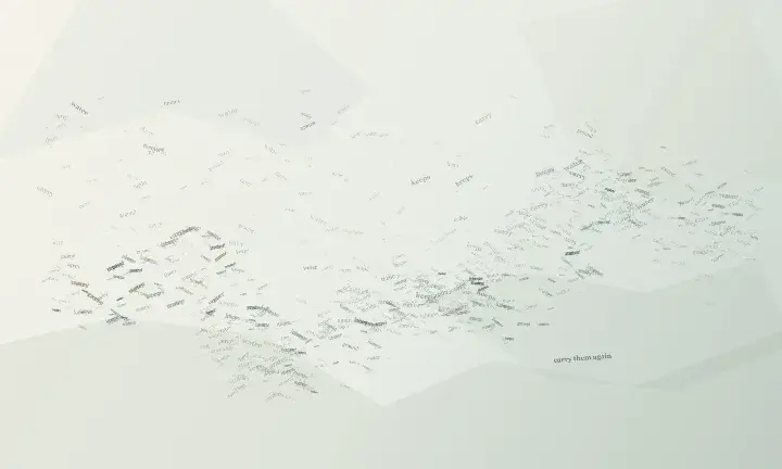 A Paragraph Becomes Landscape: cumulative painting state 2 of 3; A sentence changes density, scale, and syntax as it crosses the support; verbs lift into relief while the phrase carry them again settles into a readable distance.