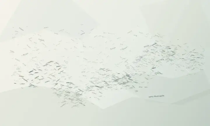 A Paragraph Becomes Landscape: cumulative painting state 3 of 3; A sentence changes density, scale, and syntax as it crosses the support; verbs lift into relief while the phrase carry them again settles into a readable distance.