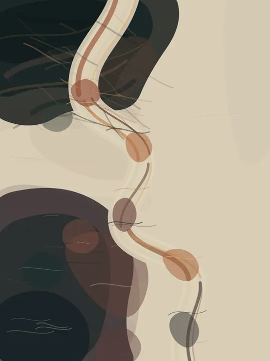 A River Keeps the Shape of Fire: cumulative painting state 3 of 4; Unusual vertical compression and useful pale intervals, but modular rounded bands and a detached teal flourish remain compositional parts, not consequences.
