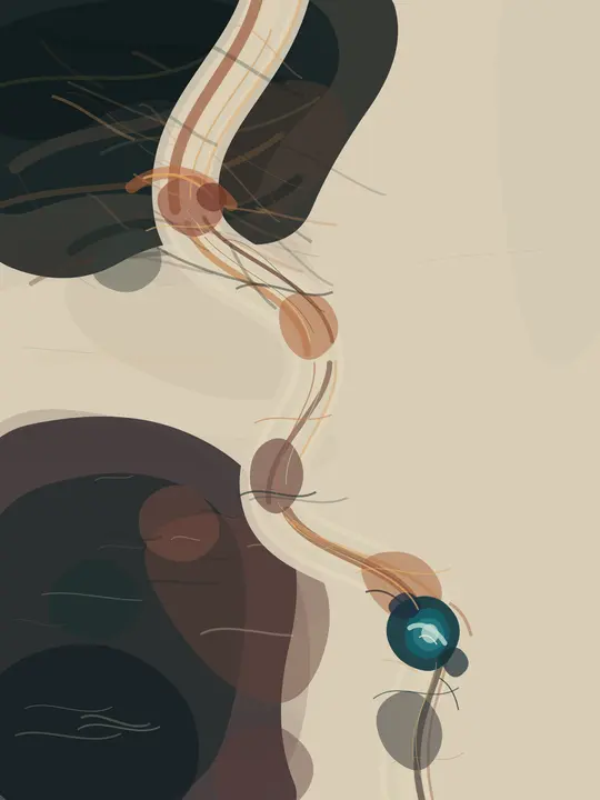 A River Keeps the Shape of Fire: cumulative painting state 4 of 4; Unusual vertical compression and useful pale intervals, but modular rounded bands and a detached teal flourish remain compositional parts, not consequences.