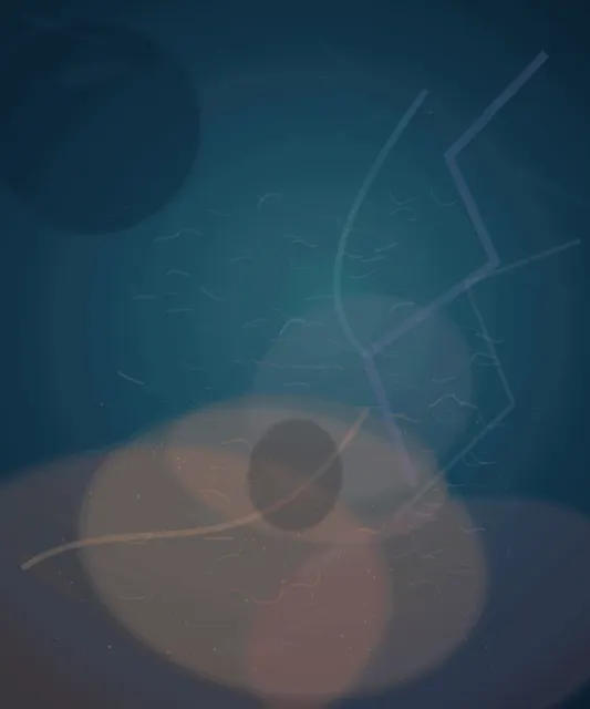 A deep petrol vertical field contains a luminous warm apricot/coral pressure rising from the lower third. Violet angular folds enter from the right and cool blue-green haze occupies the upper field; small curved drypoint-like marks gather most densely around the warm/cool contact.