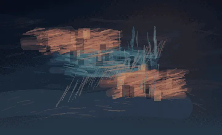 A Sound Through Stone: cumulative painting state 2 of 3; A deep indigo nocturne carries copper and blue broken marks in three horizontal clusters, with faint asymmetric echo curves and scattered pin lights toward the right.