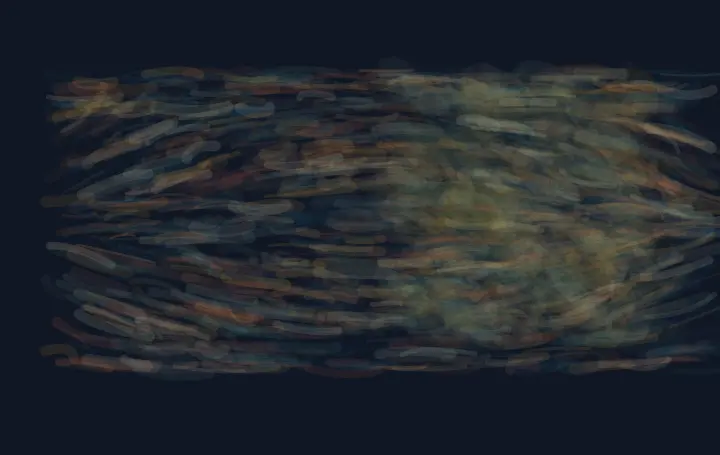 The Orchard Turns the Wind: cumulative painting state 2 of 4; The Orchard Turns the Wind stages absorbing canopy rows as a competing material path with a retained remainder.