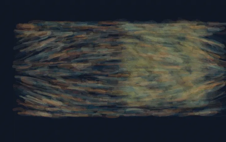 The Orchard Turns the Wind: cumulative painting state 4 of 4; The Orchard Turns the Wind stages absorbing canopy rows as a competing material path with a retained remainder.