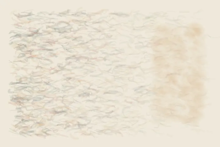 The Snow Receives the Noise: cumulative painting state 3 of 4; The Snow Receives the Noise stages porous lateral absorption as a competing material path with a retained remainder.