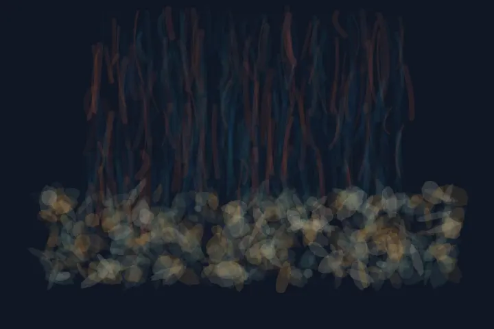 The Moss Keeps the Falling Iron: cumulative painting state 1 of 4; The Moss Keeps the Falling Iron stages soft catchment as a competing material path with a retained remainder.
