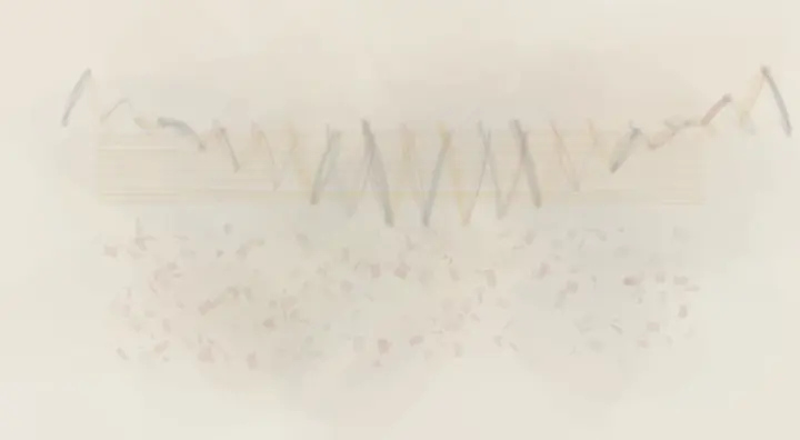 Bridge With a Fallen Memory: cumulative painting state 2 of 4; Bridge With a Fallen Memory stages collapse changes later bridge tension as a material consequence of breakage.