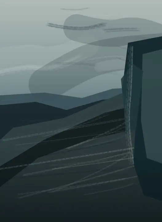 Before the First Crossing: cumulative painting state 1 of 4; Worker, cable, rain, and enclosure give embodied causality and scale; crude polygon anatomy makes it a storyboard-like illustration.