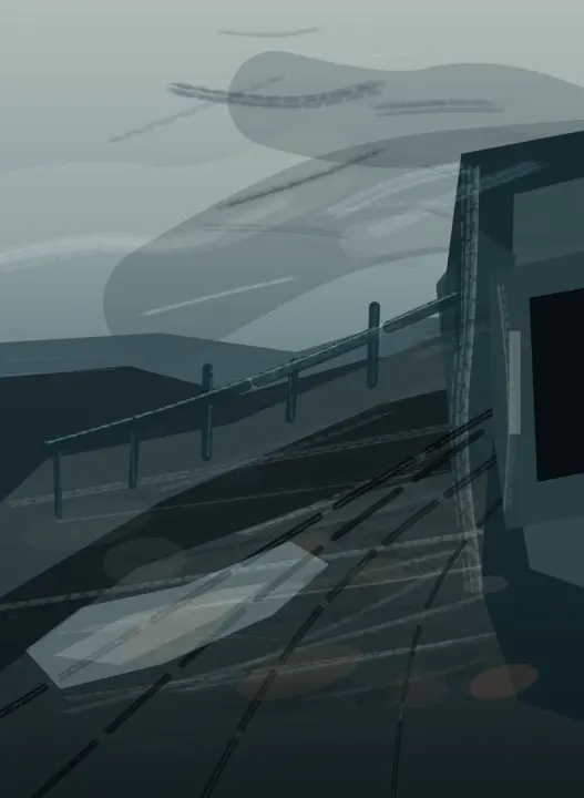 Before the First Crossing: cumulative painting state 2 of 4; Worker, cable, rain, and enclosure give embodied causality and scale; crude polygon anatomy makes it a storyboard-like illustration.