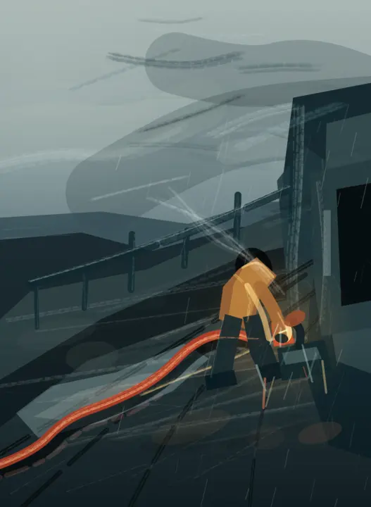 Before the First Crossing: cumulative painting state 4 of 4; Worker, cable, rain, and enclosure give embodied causality and scale; crude polygon anatomy makes it a storyboard-like illustration.