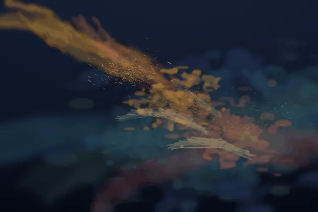 A midnight mineral field receives interrupted gold and coral weather; localized glazes, lifted seams, and directional grains record an arrival while the upper-right remains open and flowerless.