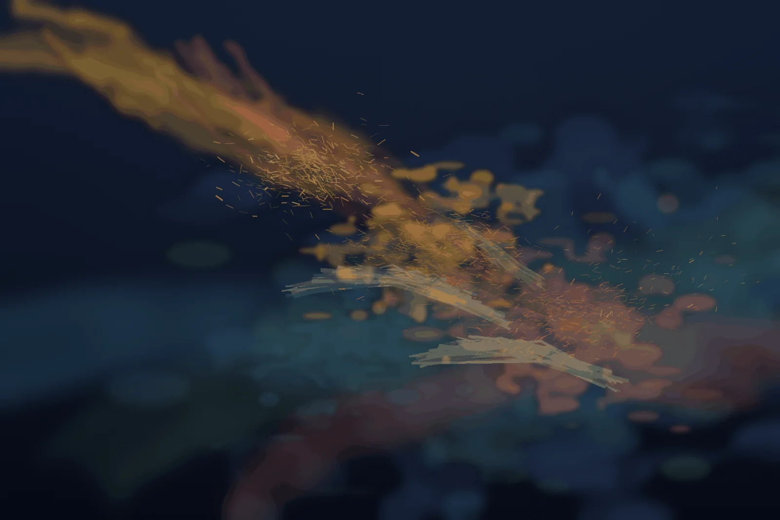 A midnight mineral field receives interrupted gold and coral weather; localized glazes, lifted seams, and directional grains record an arrival while the upper-right remains open and flowerless.