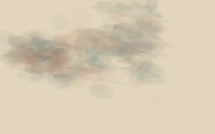 Reciprocal Weather: cumulative painting state 1 of 4; Two pale weather systems exchange warm residue; each bends away from the pressure it receives.