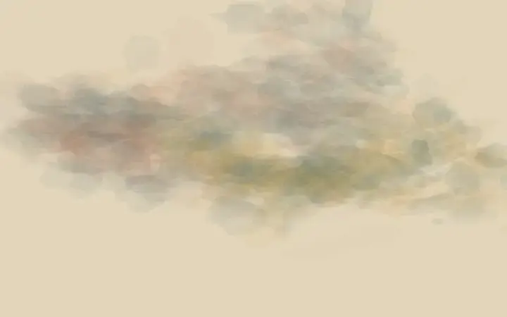 Reciprocal Weather: cumulative painting state 2 of 4; Two pale weather systems exchange warm residue; each bends away from the pressure it receives.