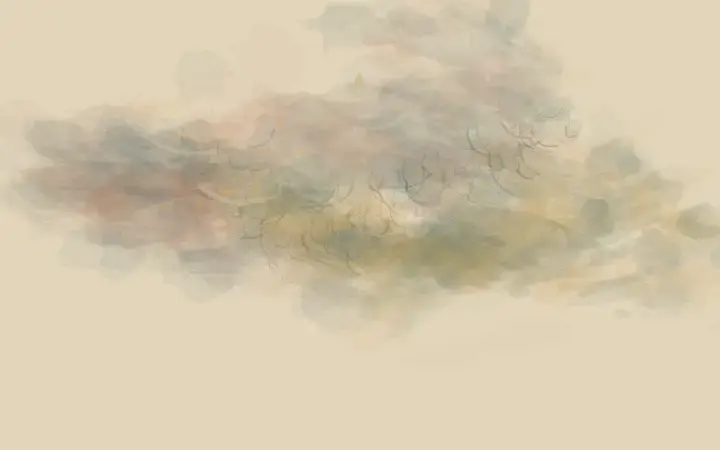 Reciprocal Weather: cumulative painting state 4 of 4; Two pale weather systems exchange warm residue; each bends away from the pressure it receives.