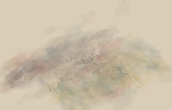 Unequal Neighbors: cumulative painting state 4 of 4; Unequal deposits deform one another around a displaced interval of exposed support.