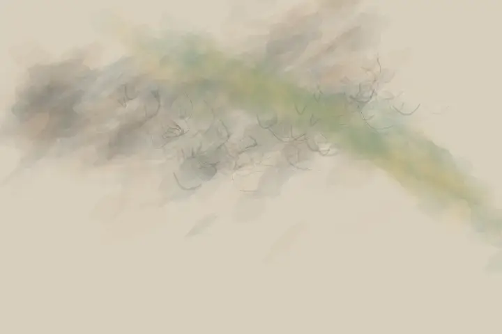 Shelter Without Capture: cumulative painting state 3 of 4; A broad body diverts pressure around a smaller one while leaving it materially open.