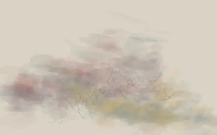 The Wrong Light Enters: cumulative painting state 3 of 4; A pale membrane redirects an entering red-violet light into neighboring particulate weather.