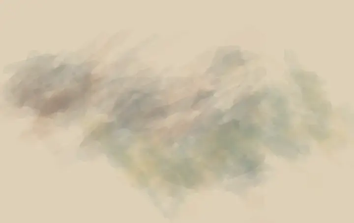 Countries Made of Weather: cumulative painting state 2 of 4; Two atmospheric bodies acquire each other’s color and abrasion without becoming mapped countries.
