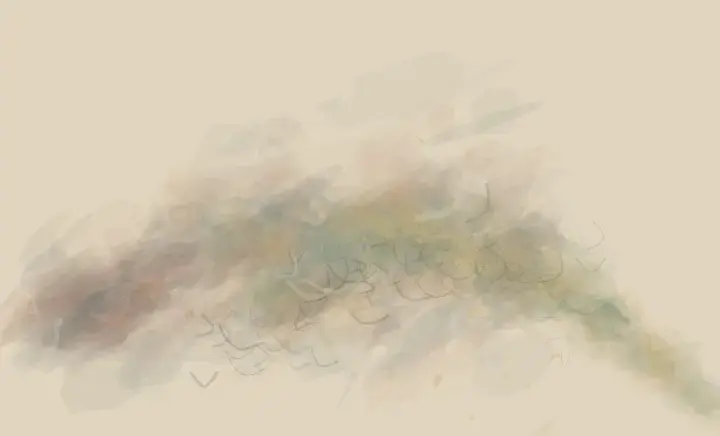 Contact Without Ownership: cumulative painting state 4 of 4; Two bodies touch through shared residue yet keep unequal scale and unoccupied support.