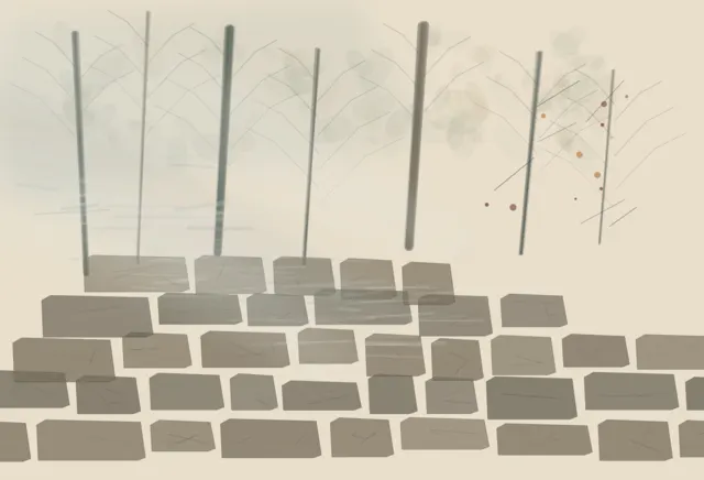 Orchard Wall, Fog Crossing is an independently authored causal raster study of fog crosses the orchard wall.
