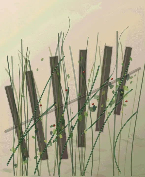 The Trellis Forgets Its Authority: cumulative painting state 4 of 4; The Trellis Forgets Its Authority is an independently authored causal raster study of the garden grows through the fence.