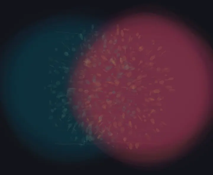 Colors After Contact: cumulative painting state 3 of 4; Colors After Contact stages mutual chromatic contamination as reciprocal material consequence.