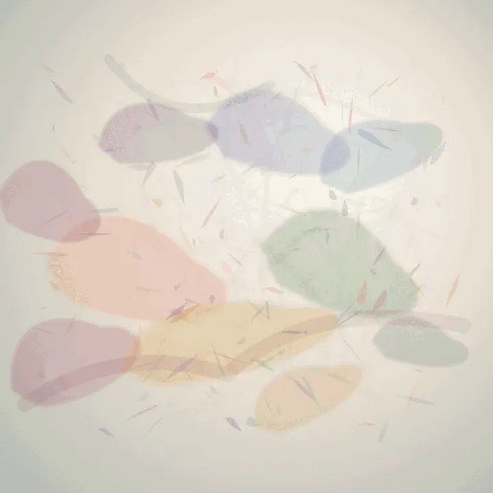 Chromatic Translation: cumulative painting state 2 of 3; A near-white square support carries pale lavender, rose, apricot, green, and blue translucent deposits in unequal positions. A faint ochre-grey fold crosses the lower half, with many small drypoint flecks distributed across the paper.