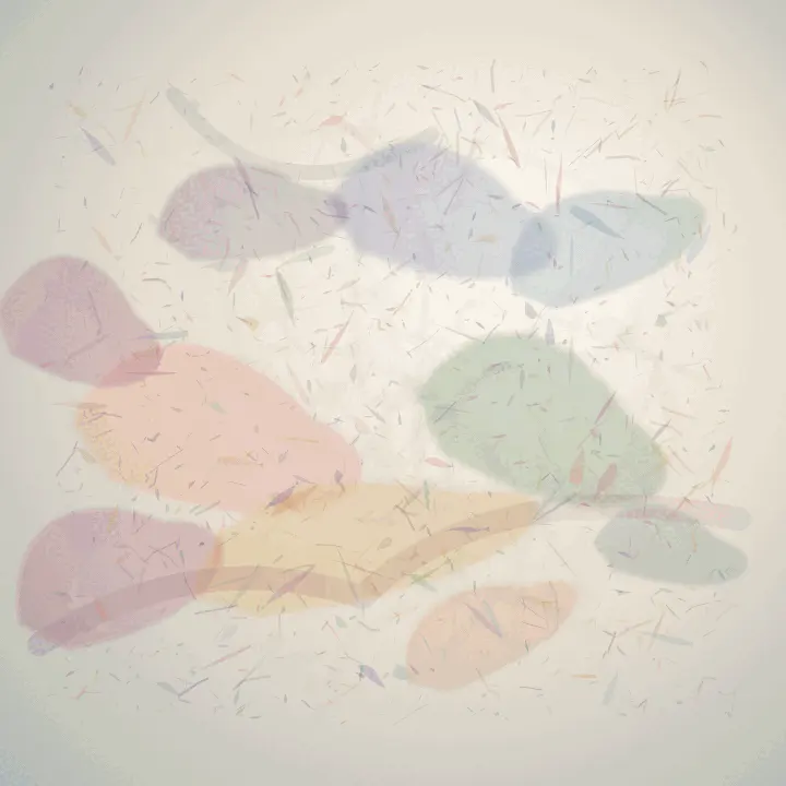 Chromatic Translation: cumulative painting state 3 of 3; A near-white square support carries pale lavender, rose, apricot, green, and blue translucent deposits in unequal positions. A faint ochre-grey fold crosses the lower half, with many small drypoint flecks distributed across the paper.