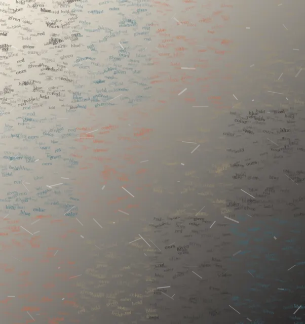 Common Color uses chromatic overprint so small meaningful words carry the image's pressure and open intervals.