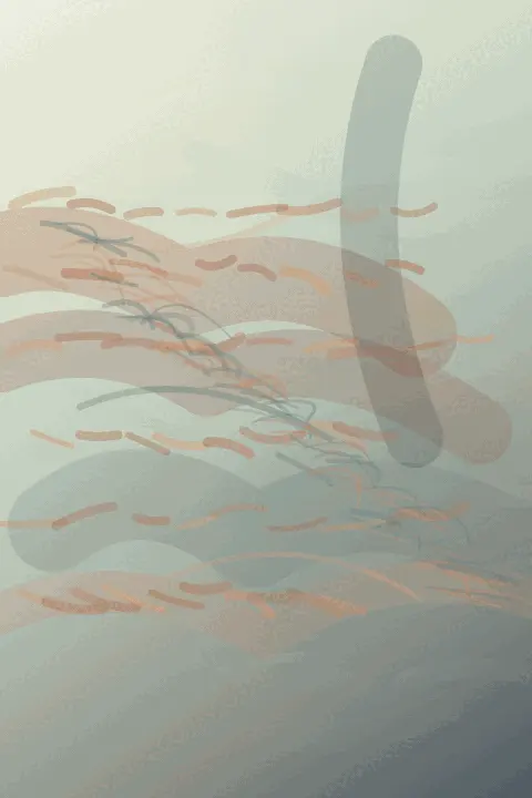 Course Without Agreement: cumulative painting state 2 of 3; A tall, very pale paper field carries translucent terracotta and blue-green curved deposits, with a diagonal seam of fine marks and a dark vertical stroke entering from above.