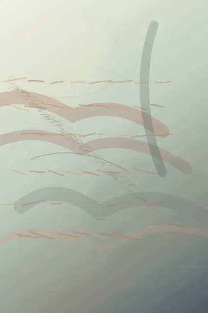 A tall, very pale paper field carries translucent terracotta and blue-green curved deposits, with a diagonal seam of fine marks and a dark vertical stroke entering from above.