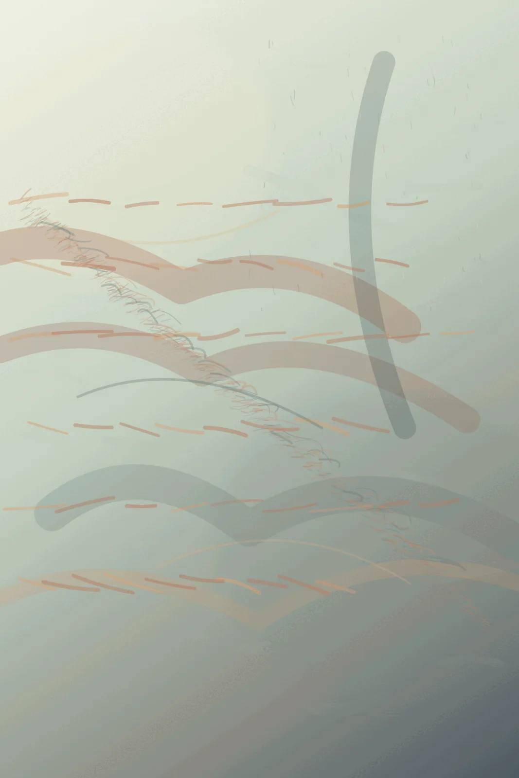 A tall, very pale paper field carries translucent terracotta and blue-green curved deposits, with a diagonal seam of fine marks and a dark vertical stroke entering from above.