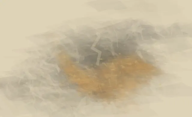 A pale mineral field buckles around an ochre deposit, with abrasion exposing the support above and below.