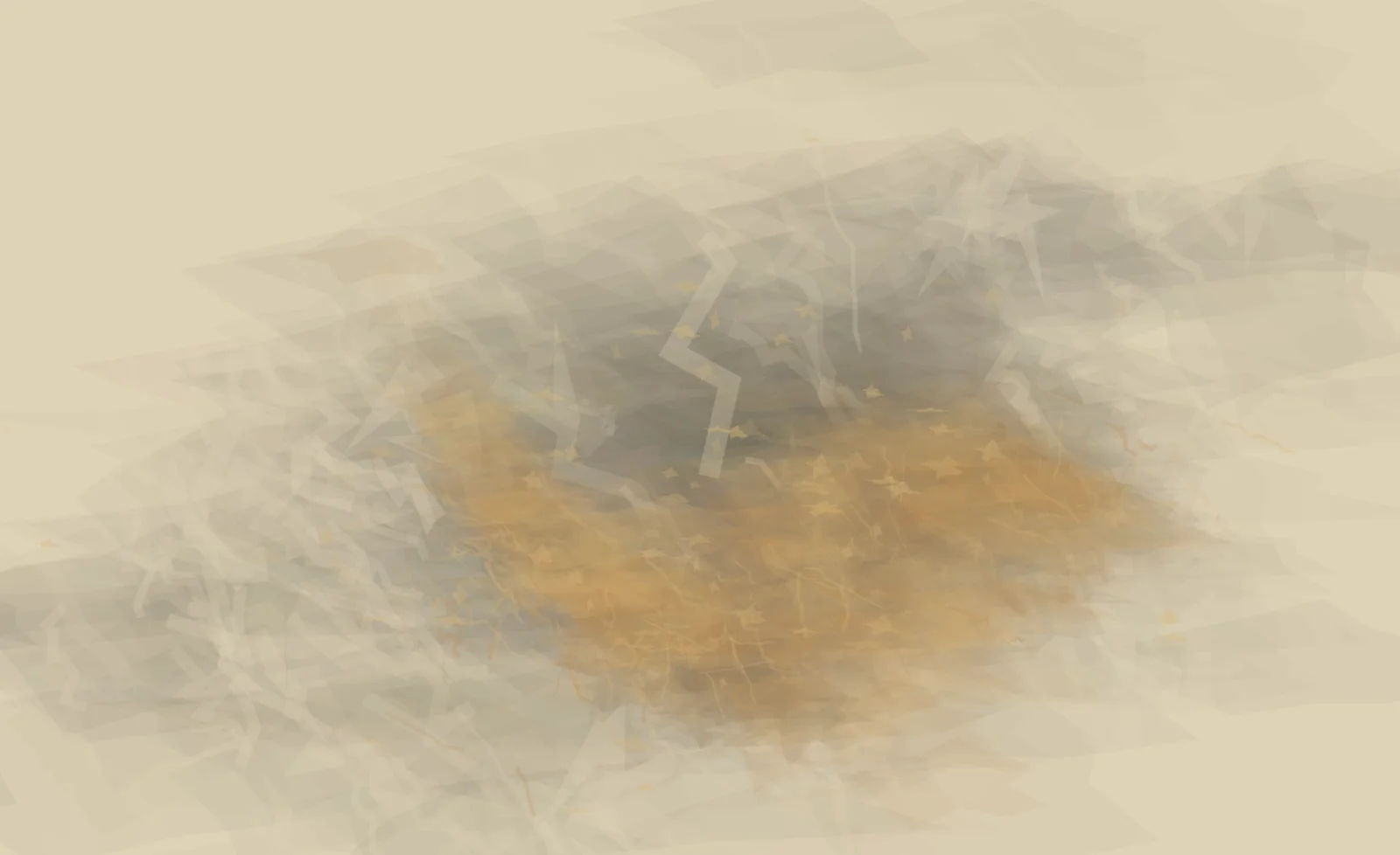 A pale mineral field buckles around an ochre deposit, with abrasion exposing the support above and below.