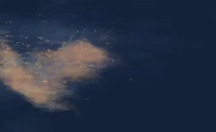 After the Blue Star: cumulative painting state 3 of 3; A cold body collapses into an off-axis violet and ochre pressure while the upper support remains unoccupied.