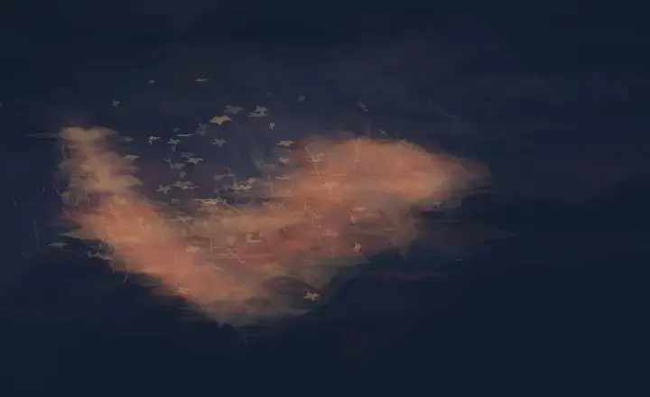 A Red Interruption: cumulative painting state 3 of 3; A red material interruption compresses a dark field, leaving particulate residue instead of a drawn comet.