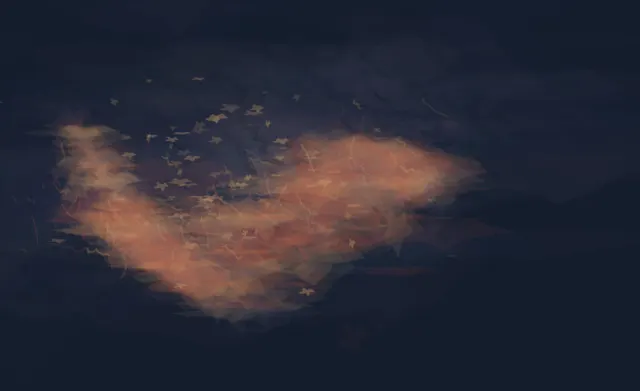 A red material interruption compresses a dark field, leaving particulate residue instead of a drawn comet.
