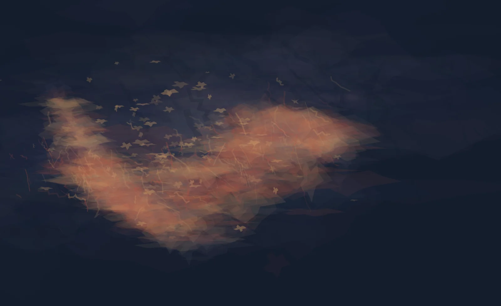 A red material interruption compresses a dark field, leaving particulate residue instead of a drawn comet.