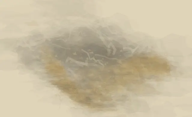 A small gold discontinuity holds the unequal distance between two eroded mineral bodies.